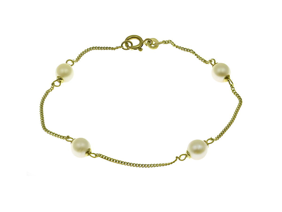 Armband aus Gelbgold 585 mit einer Länge von 20 cm, verziert mit vier Zuchtperlen, hergestellt von Juwelier Harnisch, mit Stein-Perle.