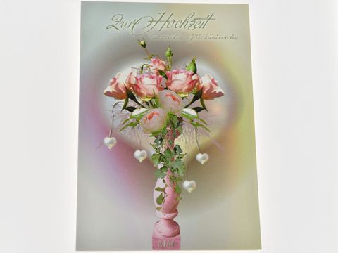 Hochzeitskarte mit einem eleganten Blumenstrauß aus rosa Rosen in einer Vase, umgeben von kleinen Herzen und dem Schriftzug zur Hochzeit, Hersteller Juwelier Harnisch.