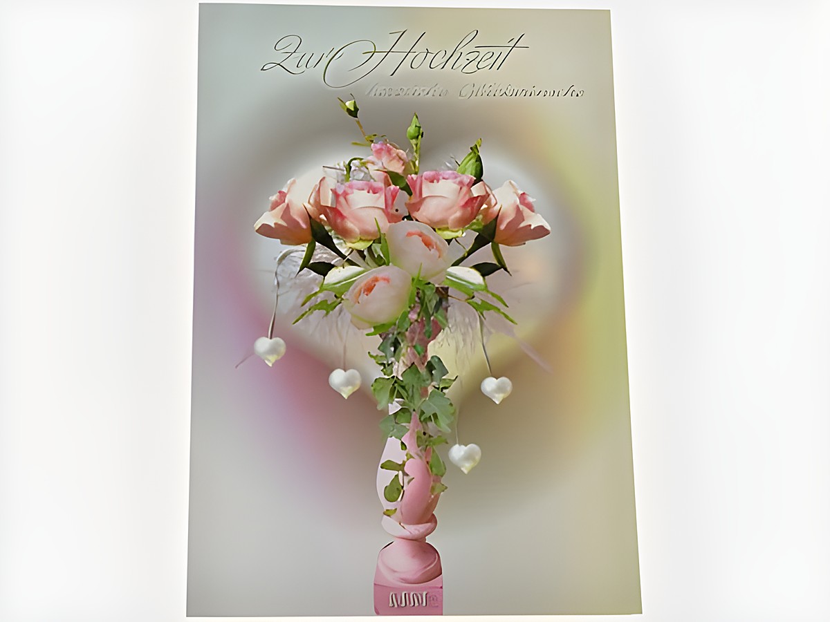 Hochzeitskarte mit einem eleganten Blumenstrauß aus rosa Rosen in einer Vase, umgeben von kleinen Herzen und dem Schriftzug zur Hochzeit, Hersteller Juwelier Harnisch.