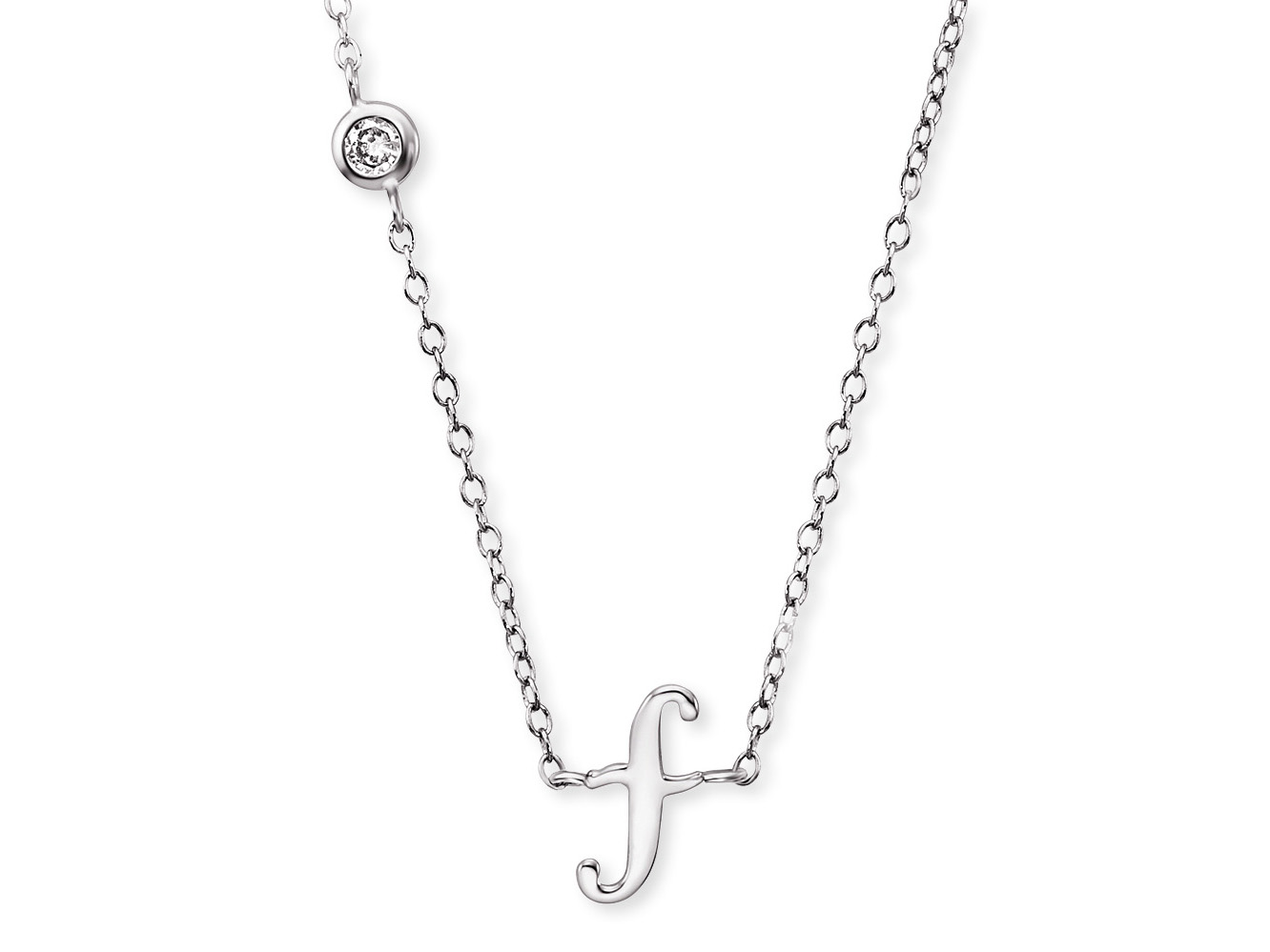 Kette aus rhodiniertem Silber mit einem Anhänger in Form des Buchstabens f und einem Zirkonia, Länge 40 cm, von Engelsrufer, elegantes Schmuckstück.