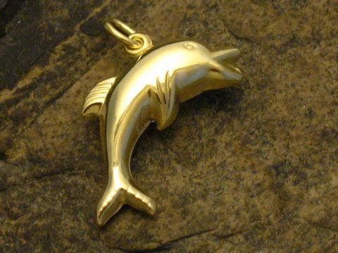 Ein glänzender Delphin-Anhänger aus Gold 333, gefertigt von Juwelier Harnisch, der die Form eines Delphins darstellt und ideal für Tierliebhaber ist.