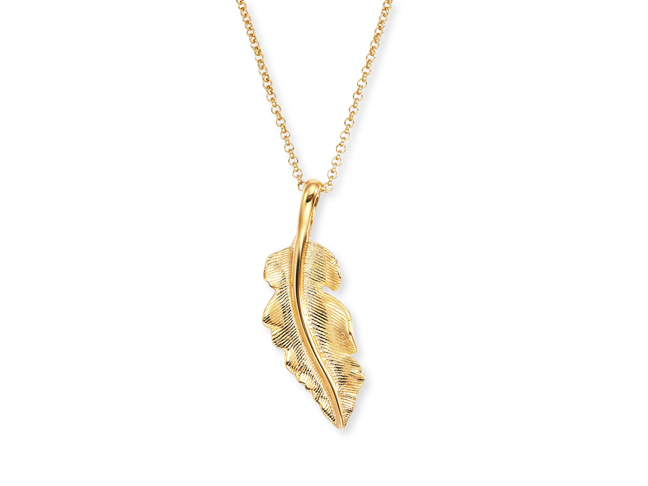 Kette mit Anhänger in Form einer goldenen Feder, vergoldet auf Silber, 42 cm lang, von Hersteller Engelsrufer. Elegantes Schmuckstück, das Leichtigkeit und Eleganz ausstrahlt.