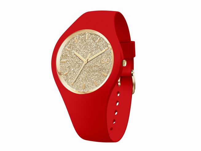 Ice Watch ICE glitter Red passion Medium 021080 in intensiv roter Farbe mit glitzerndem goldfarbenem Ziffernblatt und minimalistischer Uhrzeigeranzeige. Stylish und modern.