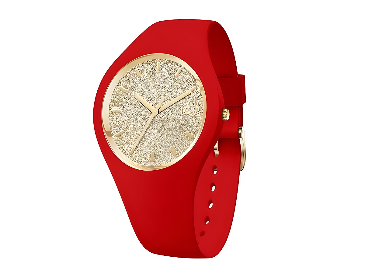 Ice Watch ICE glitter Red passion Medium 021080 in intensiv roter Farbe mit glitzerndem goldfarbenem Ziffernblatt und minimalistischer Uhrzeigeranzeige. Stylish und modern.