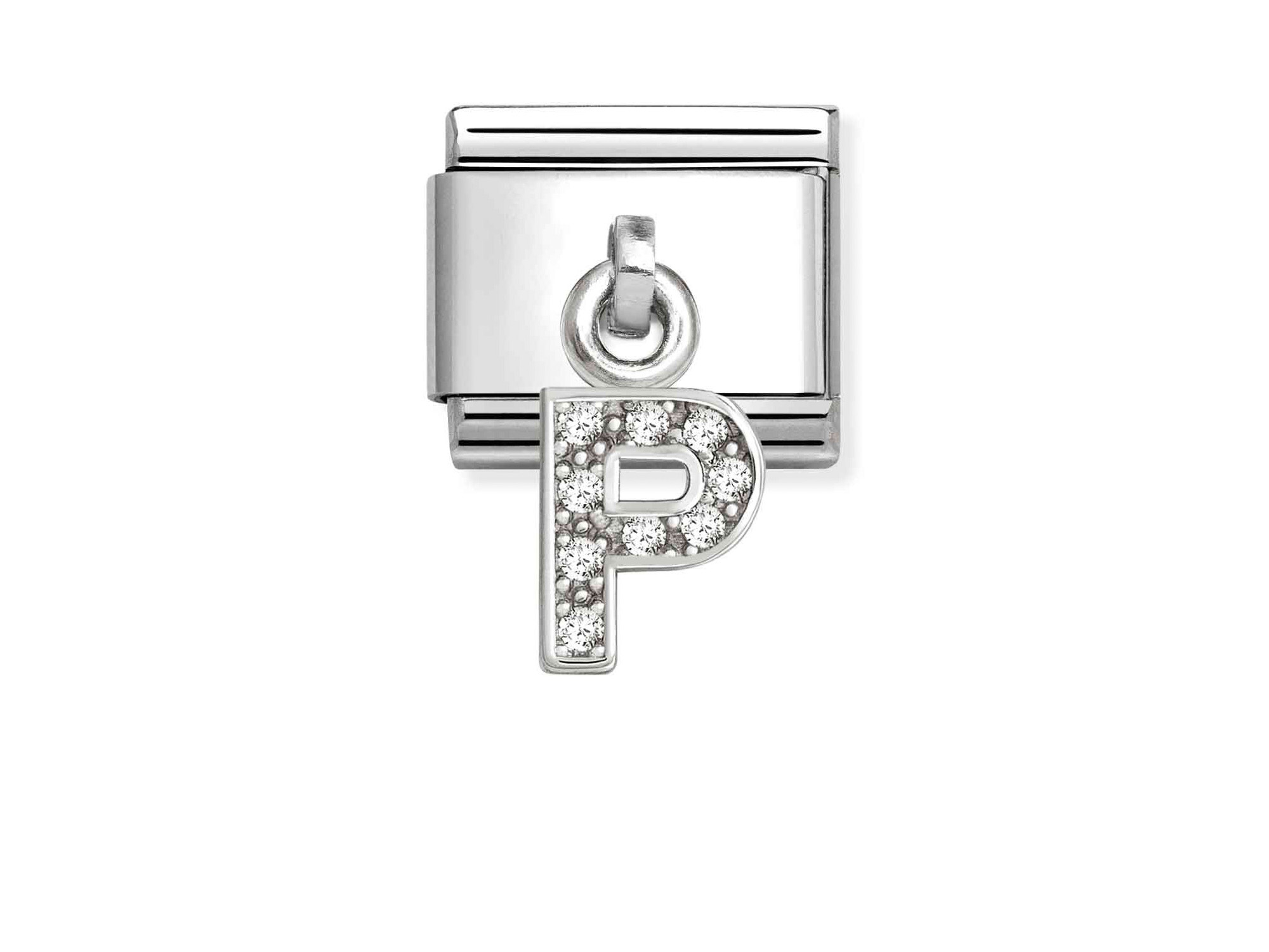 Classic Sterling Silber Charm mit dem Buchstaben P, verziert mit Zirkonia, von der Marke Pandora, präsentiert in neuem Zustand. Ideal für persönliche Schmuckdesigns.