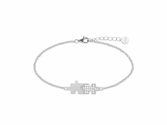 Xenox Sterling Silber Armband XS3529 mit Ankerkette in der Länge von 15-18,5 cm, dekoriert mit Puzzleteilen und funkelnden Strasssteinen für einen modernen Look.
