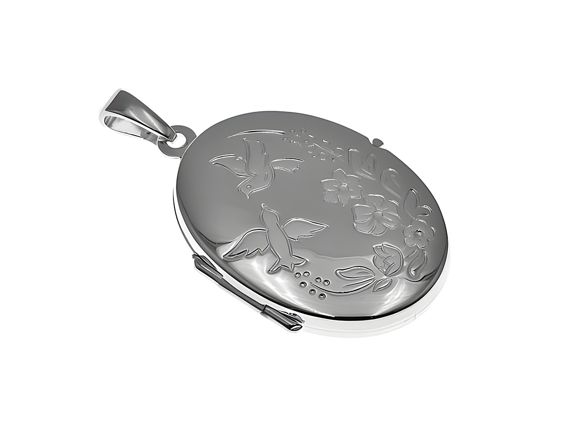 Oval mit Vögel, Silber Medaillon, zart, teilmattiert, Hersteller Juwelier Harnisch. Das Medaillon zeigt filigrane Vogel- und Pflanzenmuster.