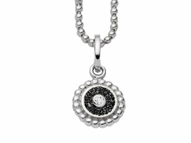 Sterling Silber Kette mit rhodiniertem Anhänger, verziert mit schwarzem Lavasand und einem Zirkonia in der Mitte, aus der Kollektion DUR Strandzauber 2.0 K2924.
