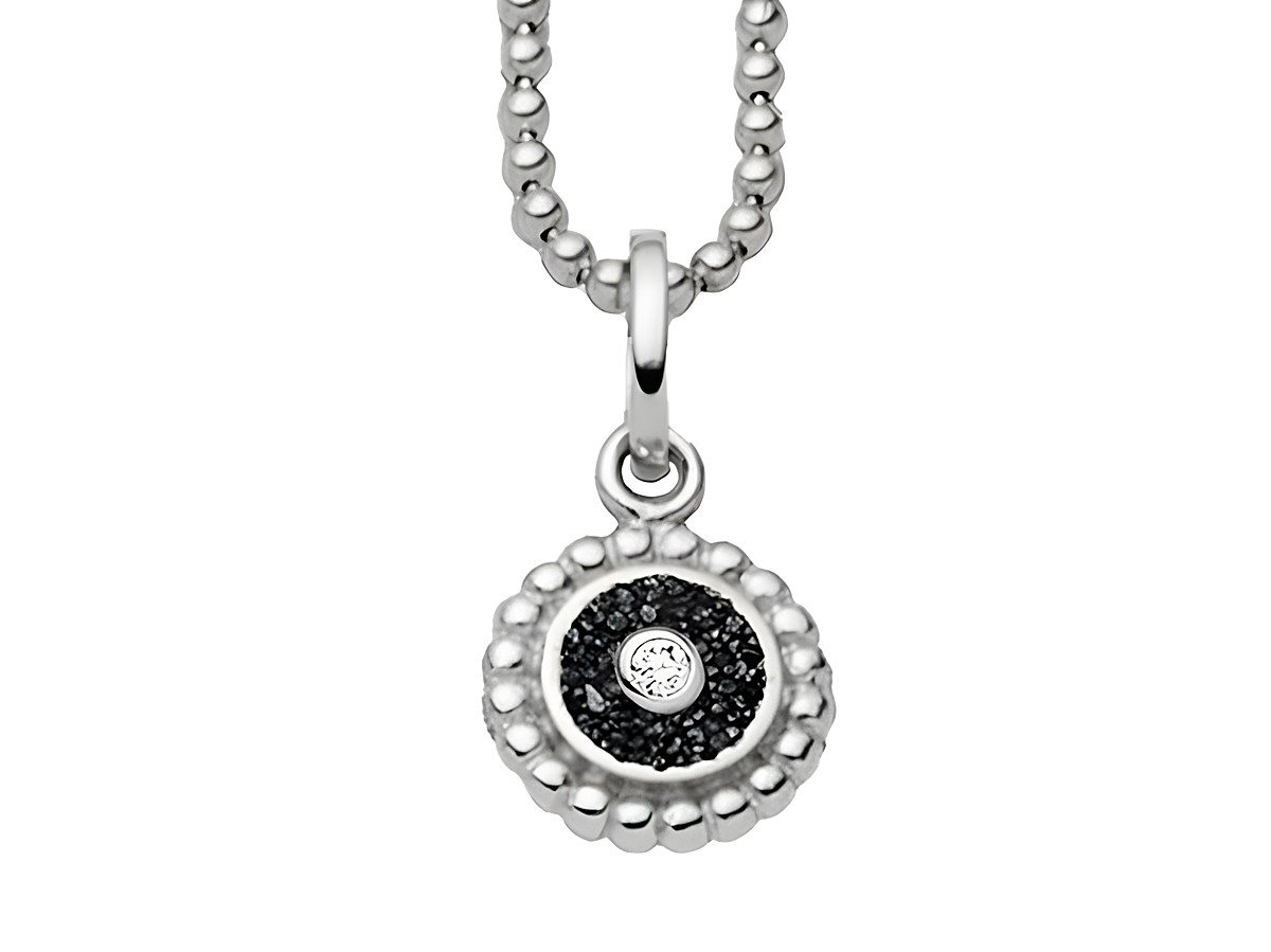 Sterling Silber Kette mit rhodiniertem Anhänger, verziert mit schwarzem Lavasand und einem Zirkonia in der Mitte, aus der Kollektion DUR Strandzauber 2.0 K2924.