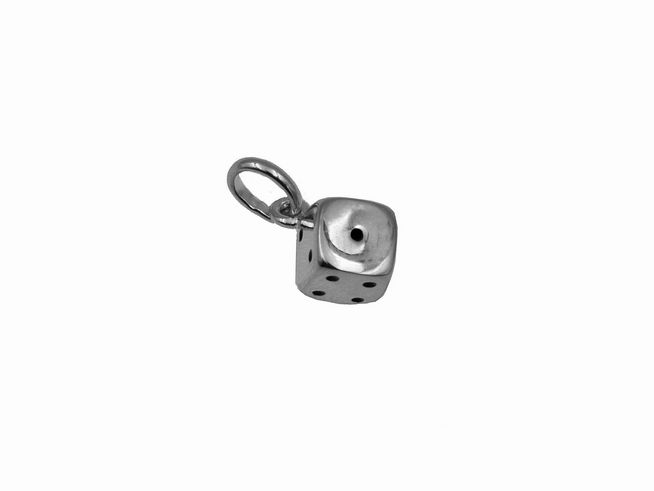 Würfel Anhänger aus rhodiniertem Sterling Silber, hergestellt von Juwelier Harnisch, mit detaillierter Würfelform und einer Öse zum Befestigen als Glücksbringer.