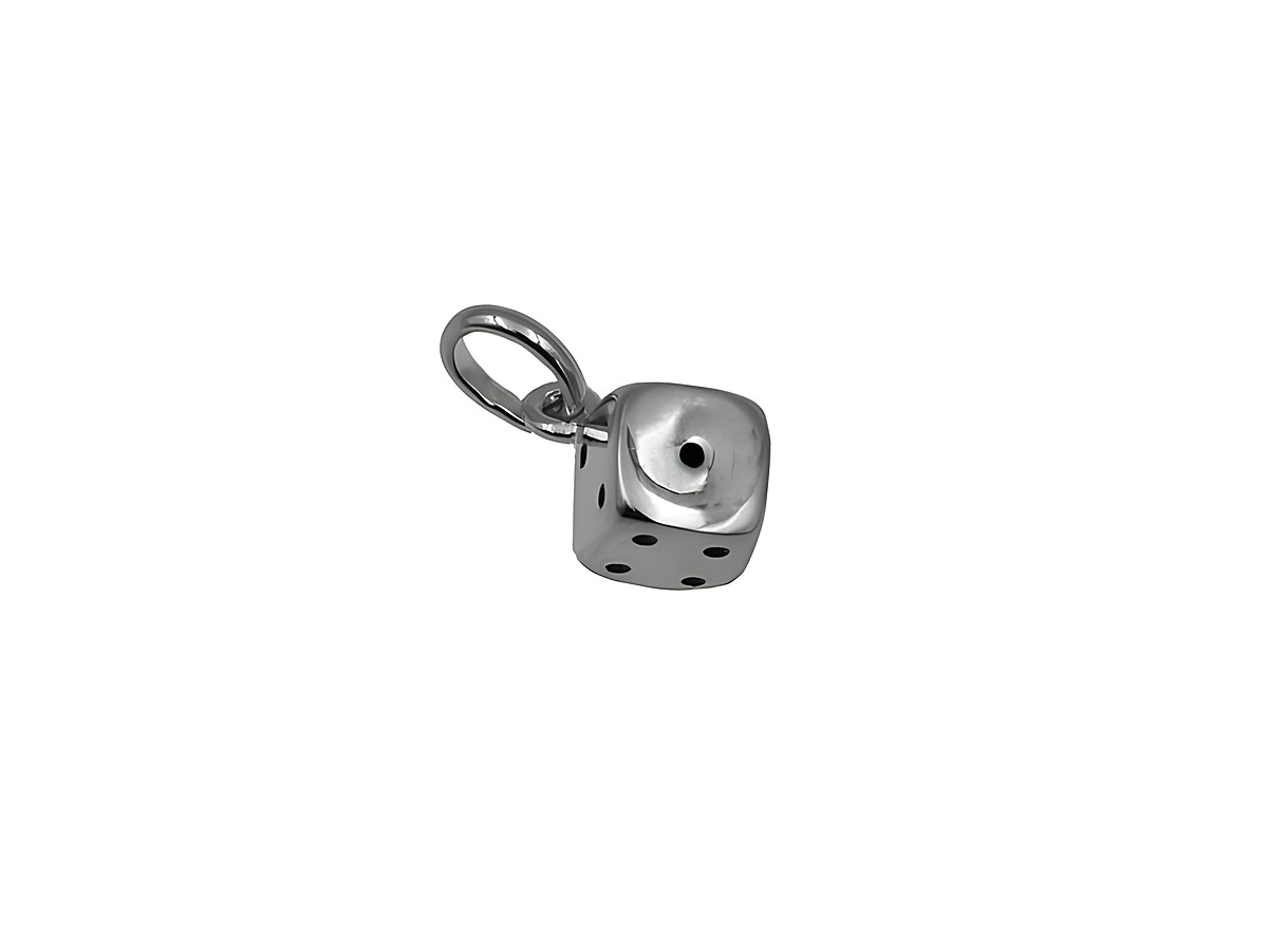 Würfel Anhänger aus rhodiniertem Sterling Silber, hergestellt von Juwelier Harnisch, mit detaillierter Würfelform und einer Öse zum Befestigen als Glücksbringer.