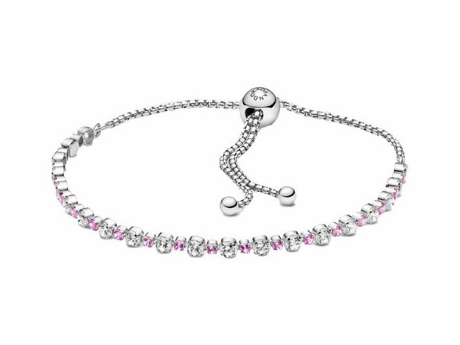 Rosafarbenes und klar funkelndes Schiebearmband von Pandora aus Sterling Silber mit buntem Steinmix, Länge 23 cm, elegant und modern gestaltet, ideal für jeden Anlass.