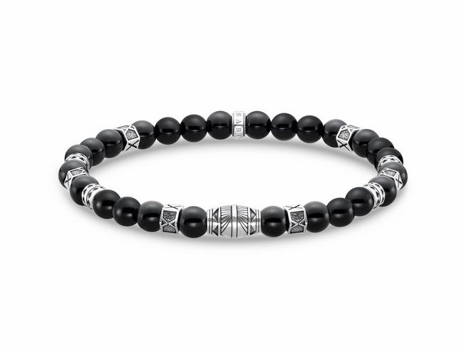 Schwarzes Armband aus Achat und silbernen Designelementen von Thomas Sabo, Länge 19 cm, geeignet für Handgelenke bis 20 cm. Elegantes und modernes Schmuckstück.