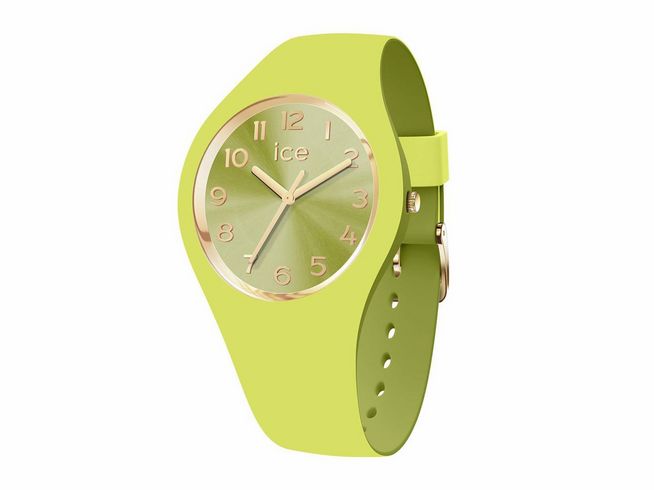 Die Ice Watch Uhr 021820 ICE duo chic in Lime und Flieder hat ein schlichtes, modernes Design mit einem grünen Gehäuse und einem goldenen Ziffernblatt sowie einer flexiblen Silikonband.