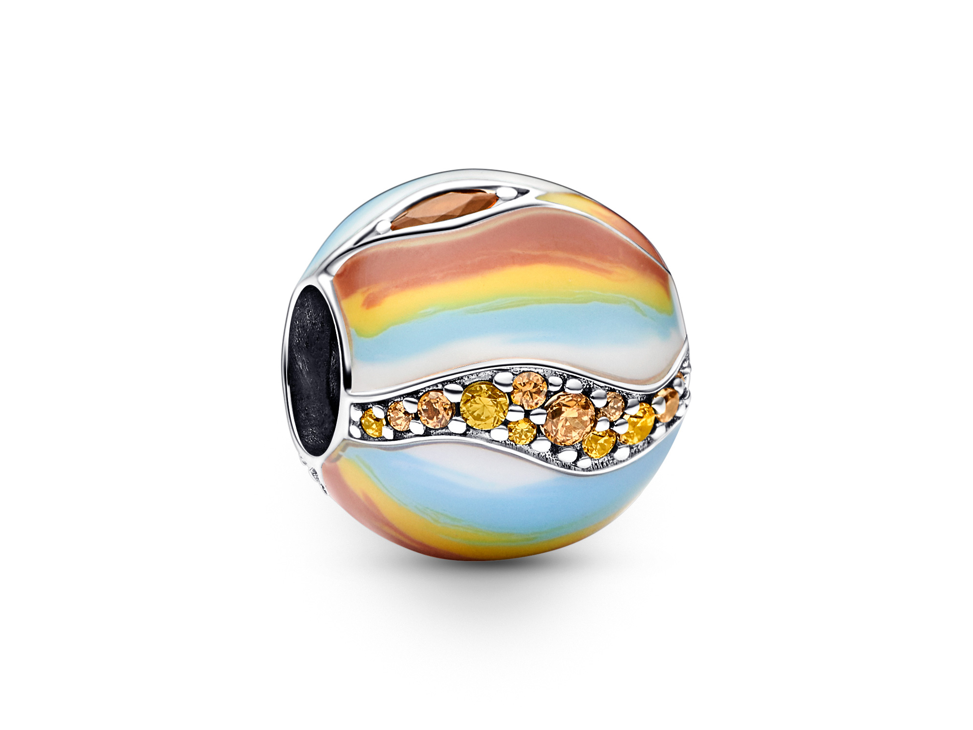 Charm von Pandora im Design des Planeten Jupiter aus Sterling Silber, verziert mit mehrfarbigem Emaille und Steinmix, glänzende Details in Orange und Gelb, moderne und stilvolle Optik.