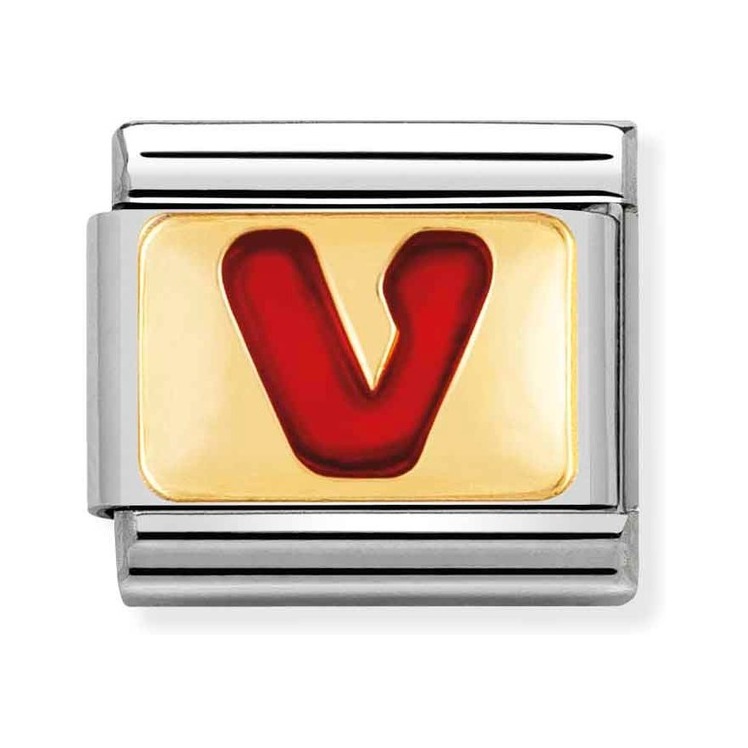 Nomination Composable Classic Charm Buchstabe V rot - Edelstahl, Gold 750 Gelbgold, Emaille