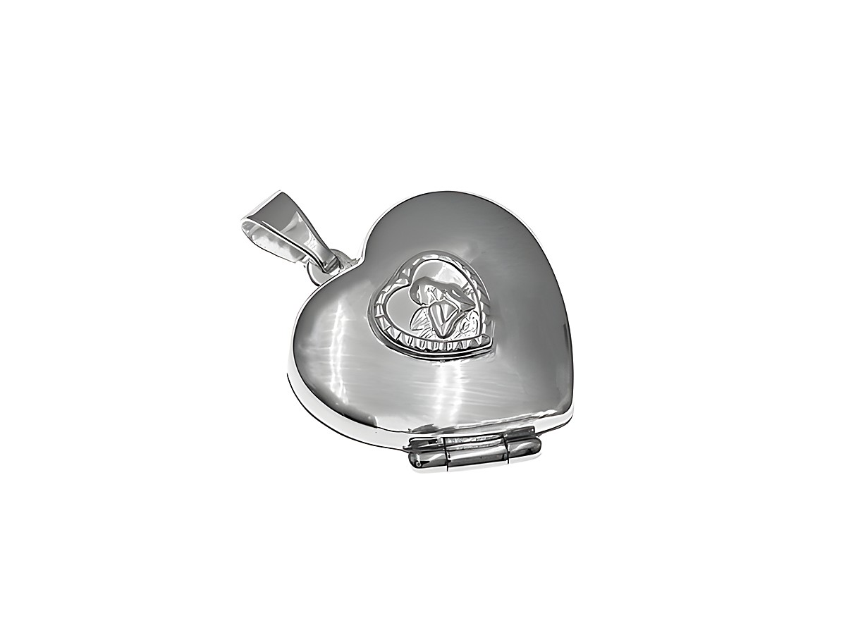 Silber Medaillon in Herzform mit Schutzengel, Hersteller Juwelier Harnisch, elegant geschliffen und verziert, mit Klappmechanismus für persönliche Erinnerungen.