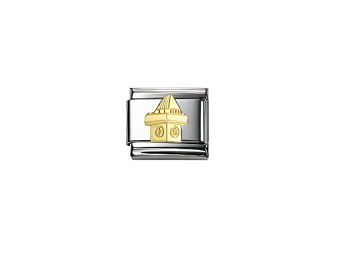 Schmuckelement mit dem Design des Grazer Uhrturms, gefertigt aus Edelstahl und goldfarbenem Zierteil, symbolisiert Monumente und Denkmäler, ideal für die Kollektion von Nomination.