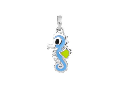 Seepferdchen Anhänger aus Silber rhodiniert mit buntem Lack in Blau und Grün, verziert mit weißen Zirkonia, ideal für Kinder. Hersteller: Juwelier Harnisch.