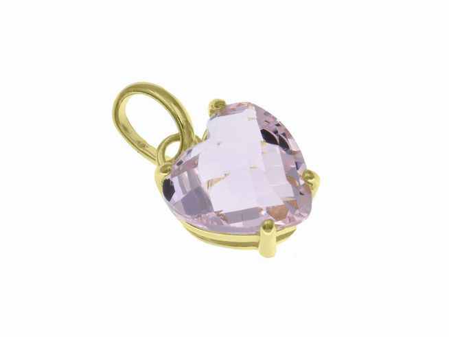 Herzförmiger Anhänger aus rosa Glas, eingefasst in Sterling Silber mit Gelbgold Vergoldung, hergestellt von Juwelier Harnisch, ideal für Schmuckliebhaber.