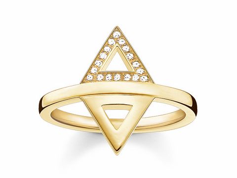 Ring von Thomas Sabo aus vergoldetem Silber mit einem modernen, geometrischen Design in Form von zwei ineinander geschobenen Dreiecken, besetzt mit weißen Diamanten, Größe 54.