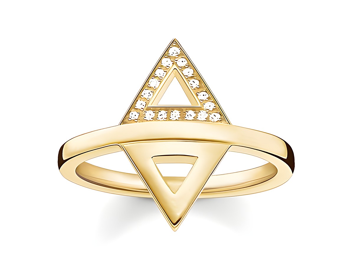 Ring von Thomas Sabo aus vergoldetem Silber mit einem modernen, geometrischen Design in Form von zwei ineinander geschobenen Dreiecken, besetzt mit weißen Diamanten, Größe 54.