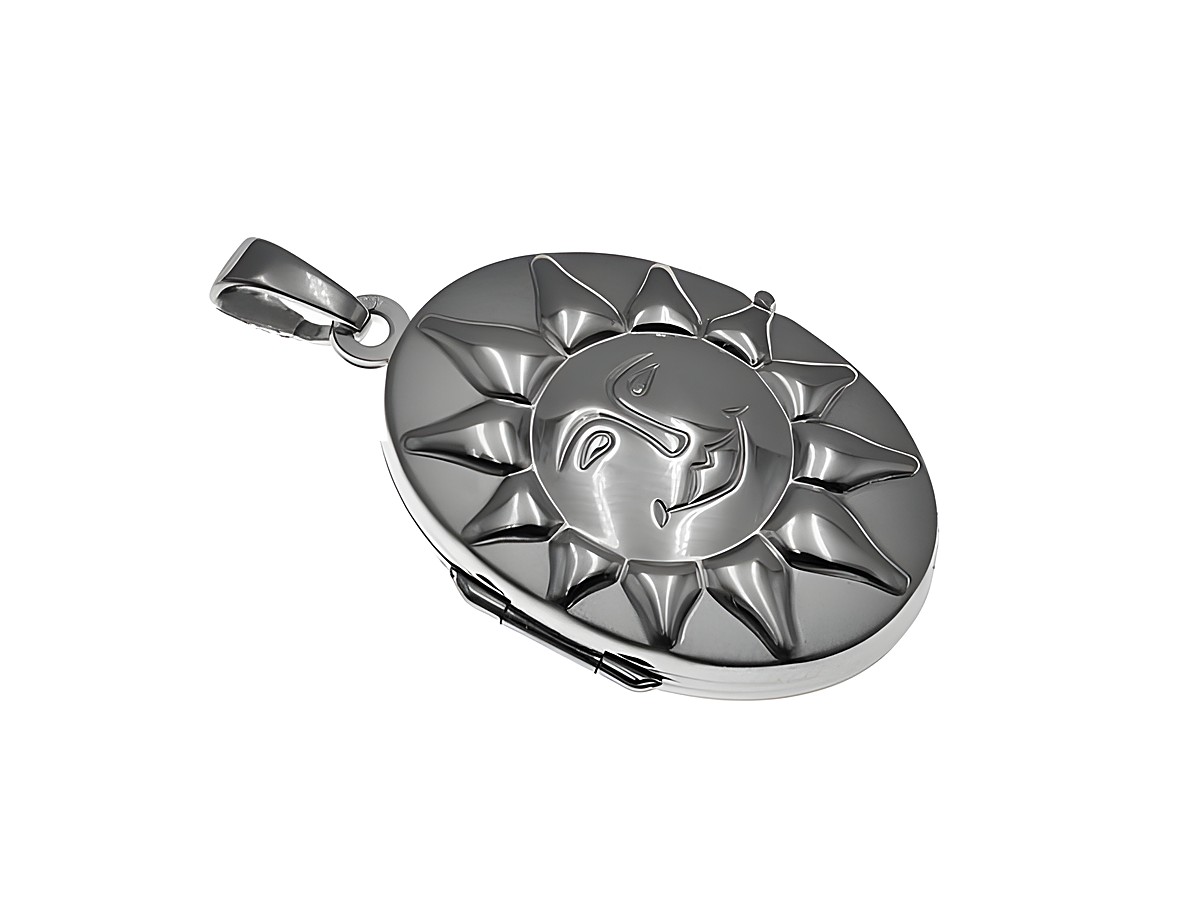 Medaillon Sonne Sterling Silber rhodiniert oval vom Hersteller Juwelier Harnisch, kunstvoll gestaltet mit einem fröhlichen Sonnengesicht und strahlenden Sonnenstrahlen.