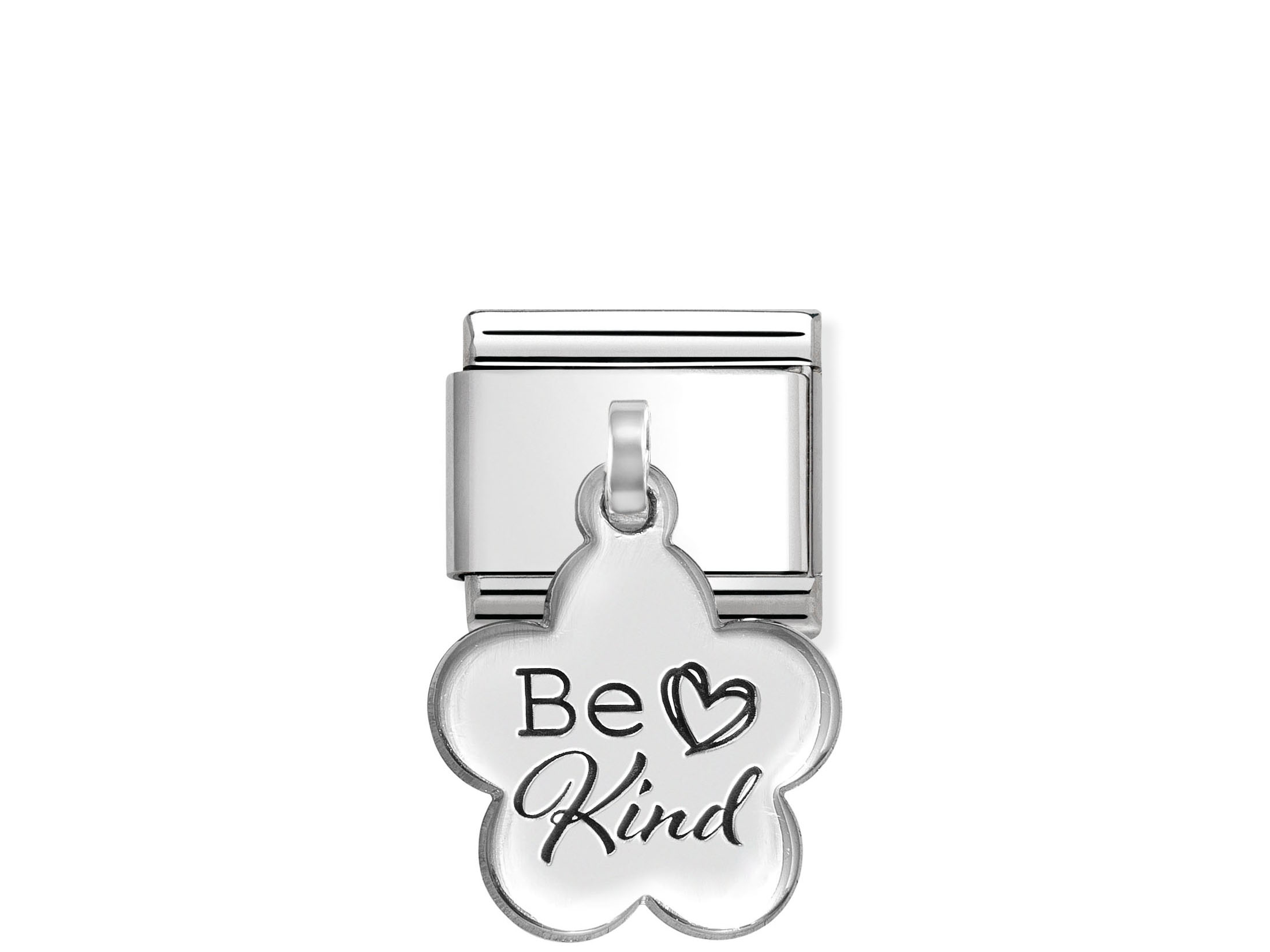 Charm Anhänger aus Sterling Silber in Form einer Blume mit der Gravur Be Kind, hergestellt von Nomination, ideal als Geschenk oder für persönlichen Schmuck.