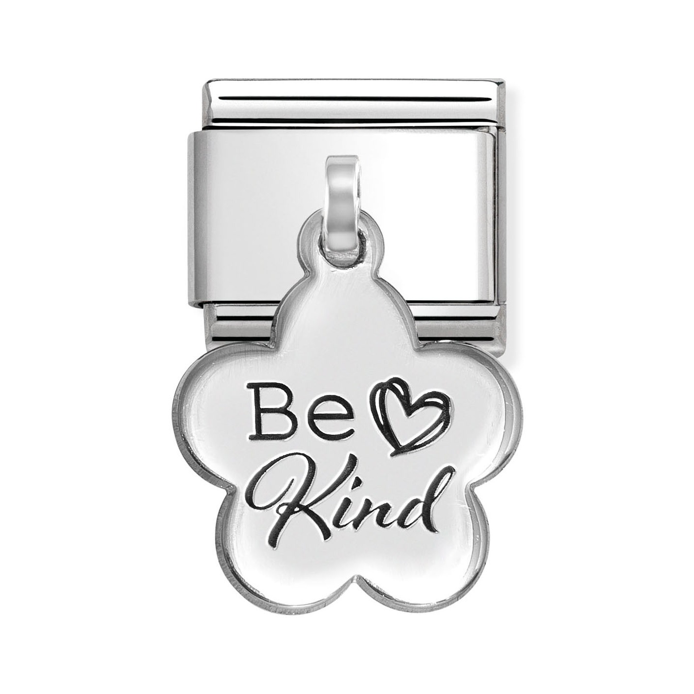 Charm Anhänger aus Sterling Silber in Form einer Blume mit der Gravur Be Kind, hergestellt von Nomination, ideal als Geschenk oder für persönlichen Schmuck.