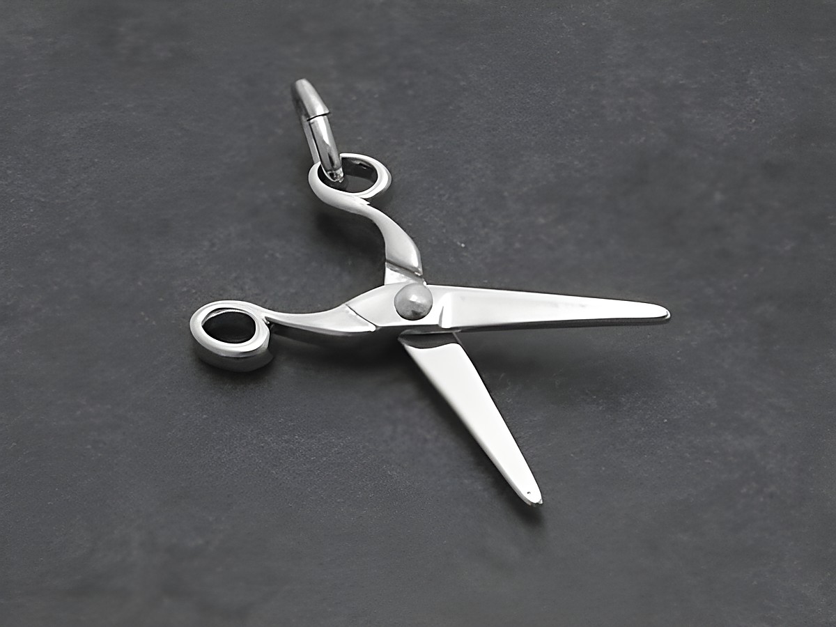 Silber Anhänger in Form einer beweglichen Schere mit hochwertigem Top-Design, Hersteller Juwelier Harnisch, ideal für Friseure und kreative Berufe.