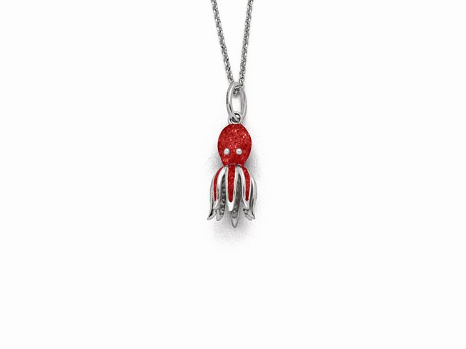 Sterling Silber Anhänger in Form eines Oktupus mit korallenrotem Kopf und glänzenden Tentakeln, perfekt geeignet für einen eleganten und auffälligen Schmuckstil.
