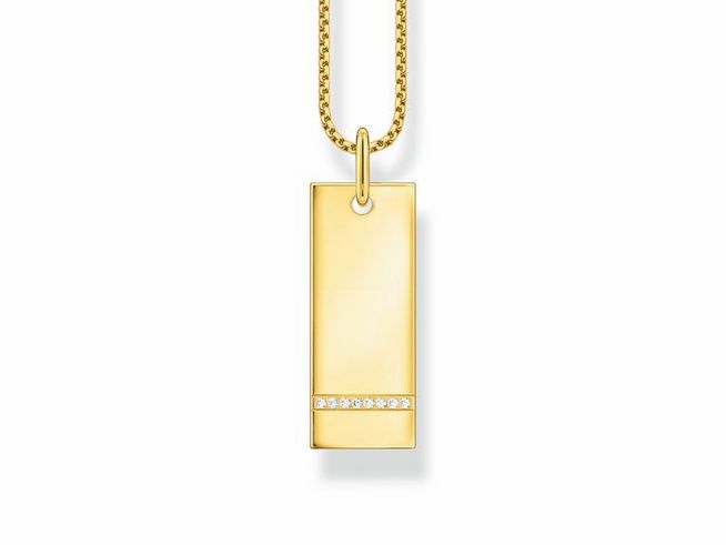 Silber vergoldete Thomas Sabo Gravur Kette mit Column-Tag-Anhänger, der mit Zirkonia verziert ist, Länge von 40 bis 45 cm, elegantes und modernes Design.