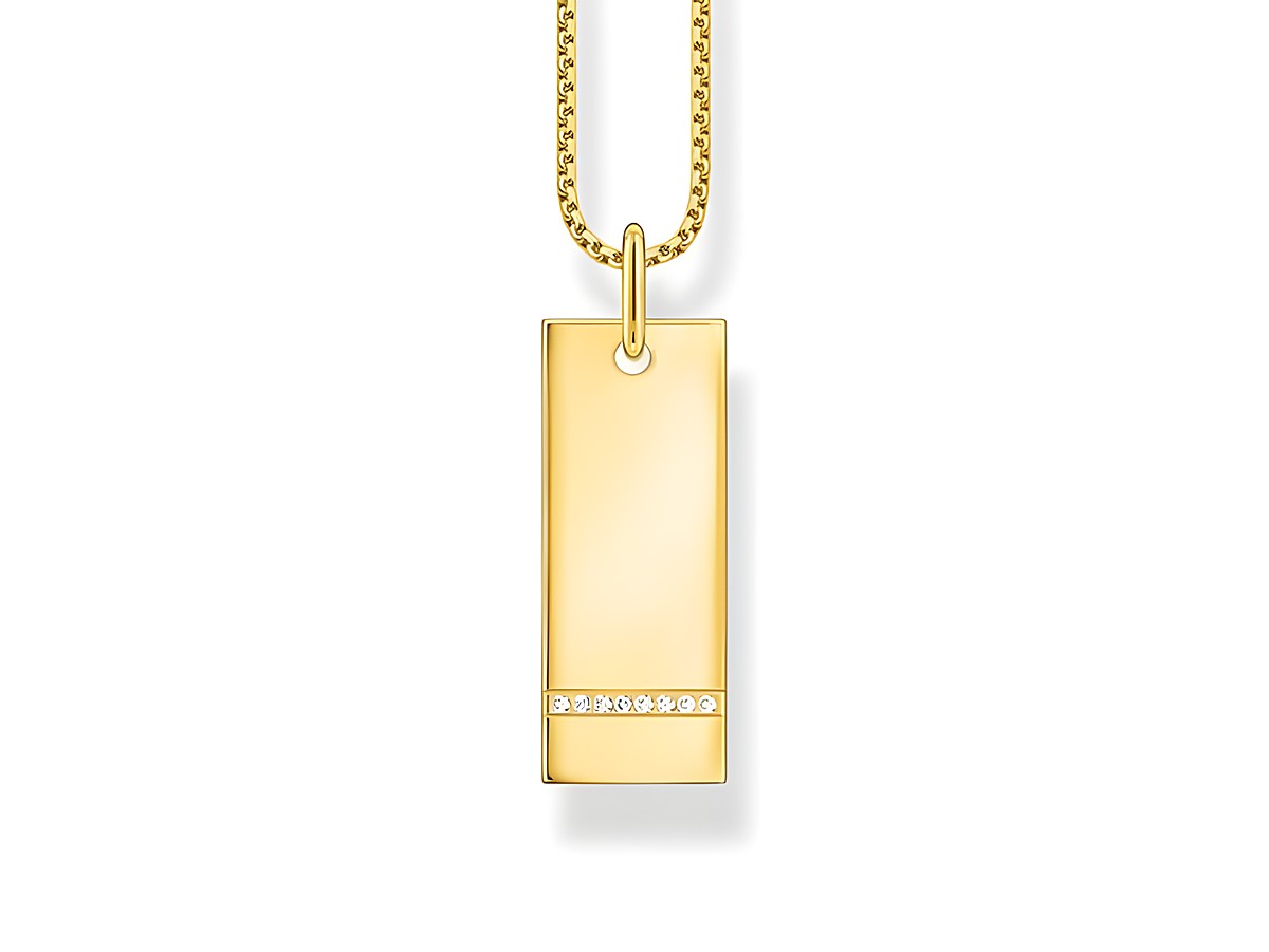 Silber vergoldete Thomas Sabo Gravur Kette mit Column-Tag-Anhänger, der mit Zirkonia verziert ist, Länge von 40 bis 45 cm, elegantes und modernes Design.