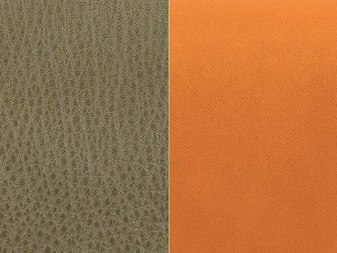 26000170-0 Les Georgettes Leder Armreifen Einsatz in Khaki und Konjak, mit strukturiertem khakifarbenem Leder links und glattem orangefarbenem Leder rechts, geeignet für 25 mm Armreifen.