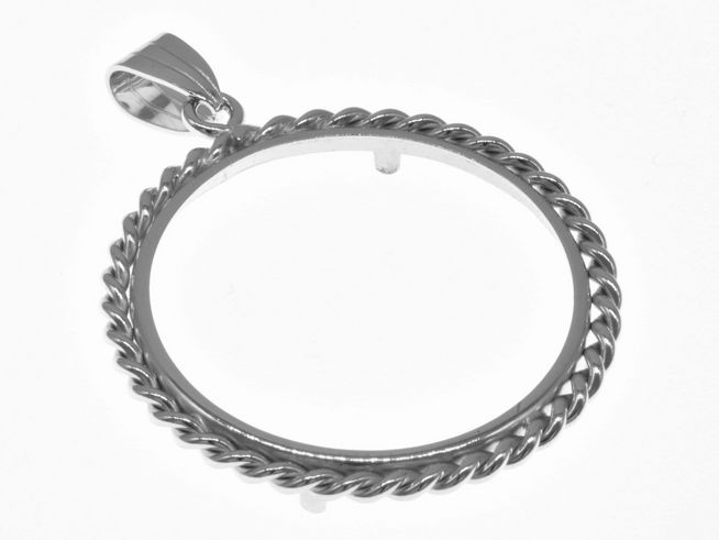 Münzfassung Anhänger aus rhodiniertem 925 Sterling Silber, Durchmesser für Münzen bis 30 mm, mit gedrehtem Rand, hergestellt von Juwelier Harnisch, für bis zu 3 cm große Münzen geeignet.