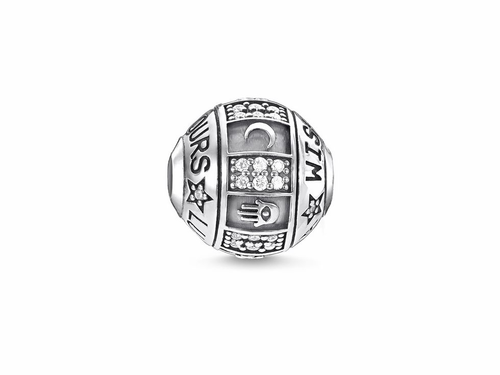 Sterling Silber Karma Bead von Thomas Sabo mit Zirkonia in weiß, verziert mit Symbolen und Mustern, ideal für individuelle Armbänder und Schmuckkreationen.
