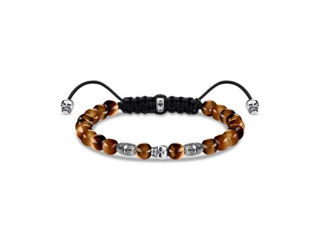 Edelstein Armband von Thomas Sabo mit Tigerauge in braun, gefertigt aus Silber und Nylon, verstellbar von 15 bis 22 cm, stylisches Design mit Totenköpfen.
