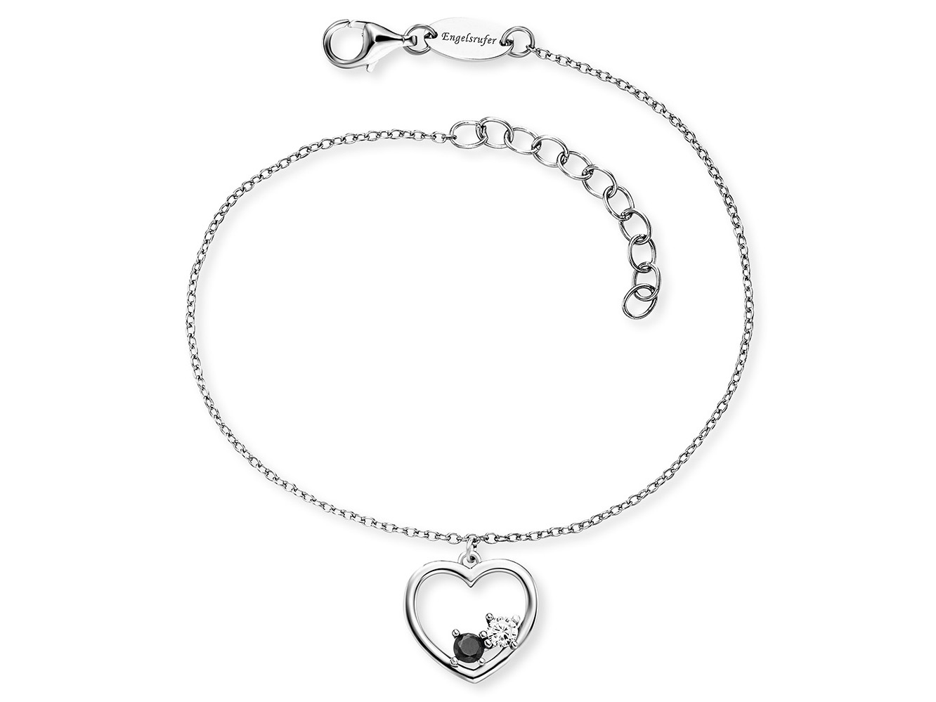 Silbernes Engelsrufer Armband mit einem Yin Yang Herz Anhänger, besetzt mit Zirkonia, verstellbare Länge von 17 bis 20 cm, elegantes Design für Damen.