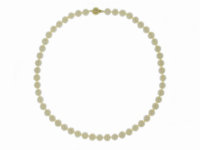 Perlenkette aus Süßwasser-Zuchtperlen 7,5-8 mm in Weiß-Creme, Länge 43 cm, mit einem Verschluss aus Gold 585, klassisches Design, Hersteller Juwelier Harnisch.