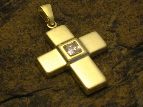 Kreuz mit Zirkonia glänzend, Anhänger aus Gold 333, Hersteller Juwelier Harnisch, funkelnder Zirkonia in der Mitte, stilvolles und elegantes Design.