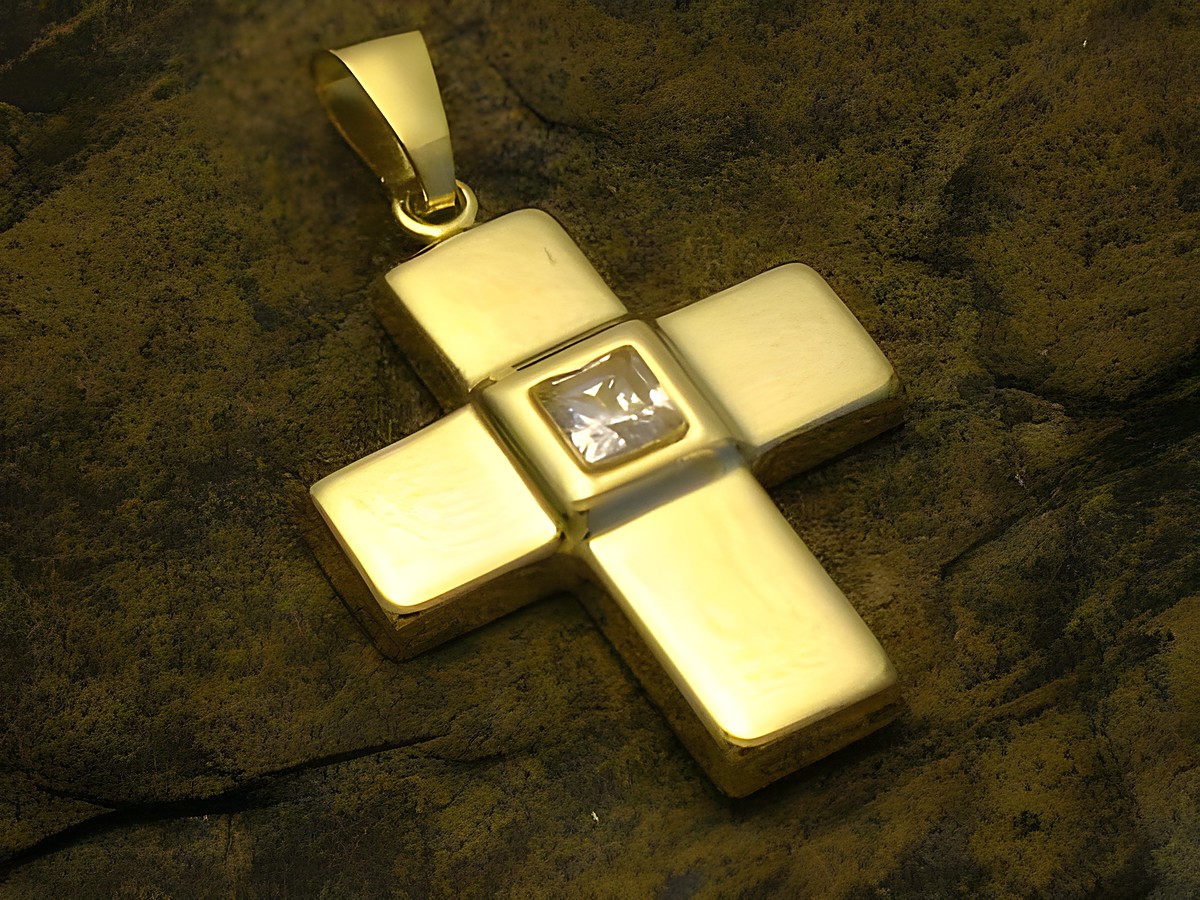 Kreuz mit Zirkonia glänzend, Anhänger aus Gold 333, Hersteller Juwelier Harnisch, funkelnder Zirkonia in der Mitte, stilvolles und elegantes Design.