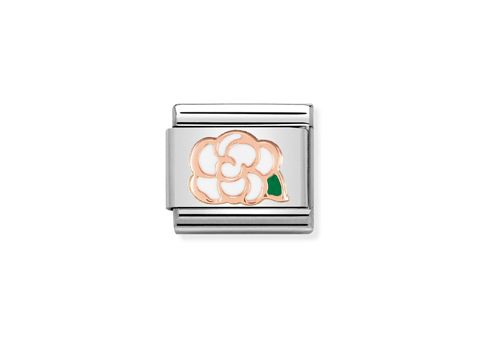 NOMINATION Classic - Roségold 430202 02 - Kamelie zeigt ein elegantes Armbandglied mit einem roségoldenen Blumenmotiv auf weißem Emaille-Hintergrund, umrahmt von silbernem Metall.
