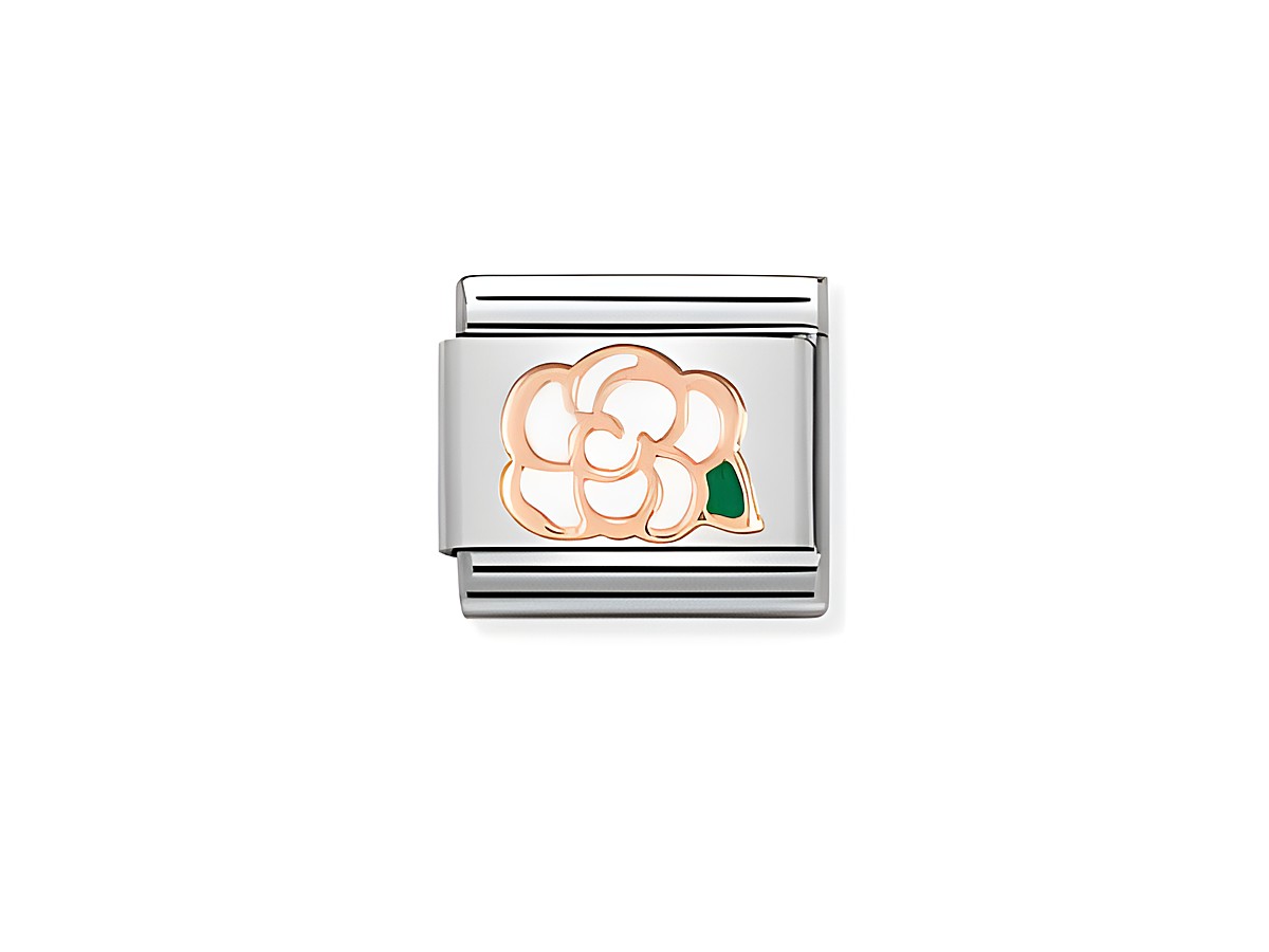 NOMINATION Classic - Roségold 430202 02 - Kamelie zeigt ein elegantes Armbandglied mit einem roségoldenen Blumenmotiv auf weißem Emaille-Hintergrund, umrahmt von silbernem Metall.