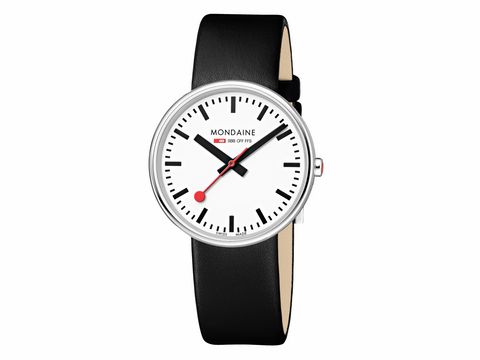 Mondaine SBB Mini Giant BackLight MSX.3511B.LB Damen Armbanduhr mit weißem Ziffernblatt, schwarzen Strichindizes, roter Sekunde und schwarzem Lederarmband, elegantes und minimalistisches Design.