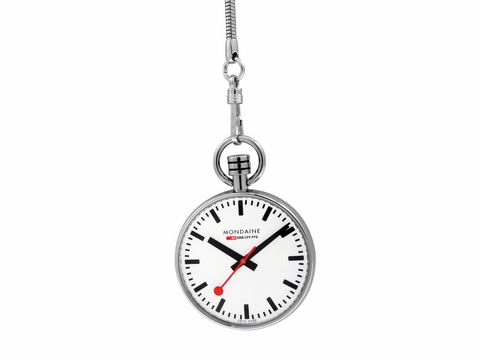 Taschenuhr von Mondaine im klassischen Design mit weißem Ziffernblatt, schwarzen Stundenmarkierungen und rotem Sekundenzeiger, ideal für Unisex-Träger. Hersteller: Mondaine.