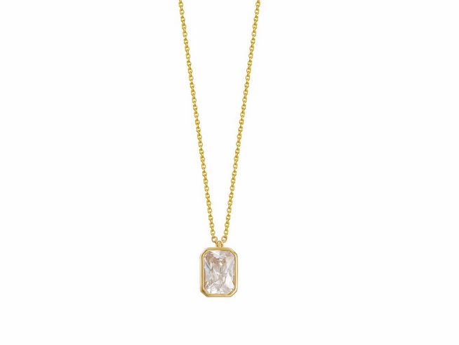 Xenox Sterling Silber Kette XS7391G in Gelbgold vergoldet mit einer Karreekette und klarem, rechteckigem Anhänger, geeignet für eine Länge von 40-45 cm.
