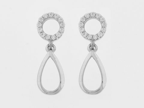 Ohrringe Silber rhod. Tropfen an Kreis charmant Stecker Zirkonia Hersteller Juwelier Harnisch Zirkonia. Elegantes Design mit funkelnden Zirkonia im Kreis und tropfenförmigem Anhänger.