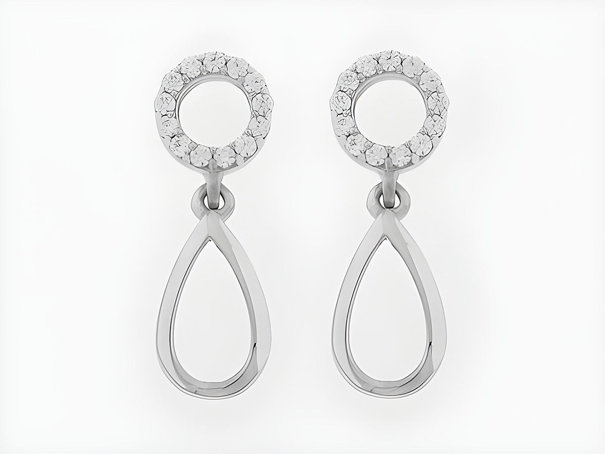 Ohrringe Silber rhod. Tropfen an Kreis charmant Stecker Zirkonia Hersteller Juwelier Harnisch Zirkonia. Elegantes Design mit funkelnden Zirkonia im Kreis und tropfenförmigem Anhänger.