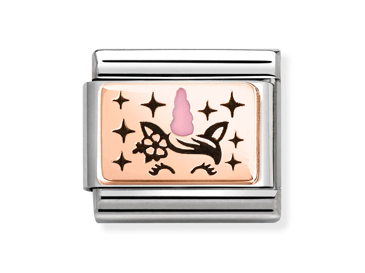 Plättchen aus Roségold mit einem stilisierten Einhorn in Rosa und schwarzen Konturen, umgeben von funkelnden Sternen, ideal für den Schmuck von Nomination.