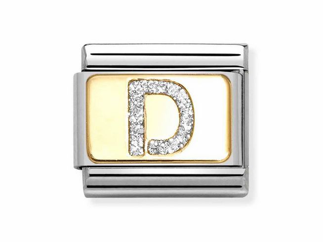 Buchstabe D aus Emaille mit Silber-Glitzer in Gold und Edelstahl, glänzende Oberfläche mit funkelnden Details, hergestellt von Nomination, ideal für Armbänder.